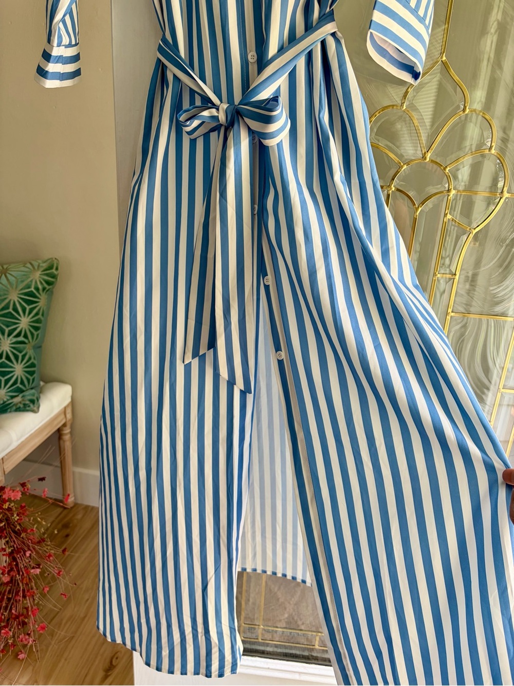 Striped Blue and White Tie-Waist Shirt Dress - Picture 7 of 10